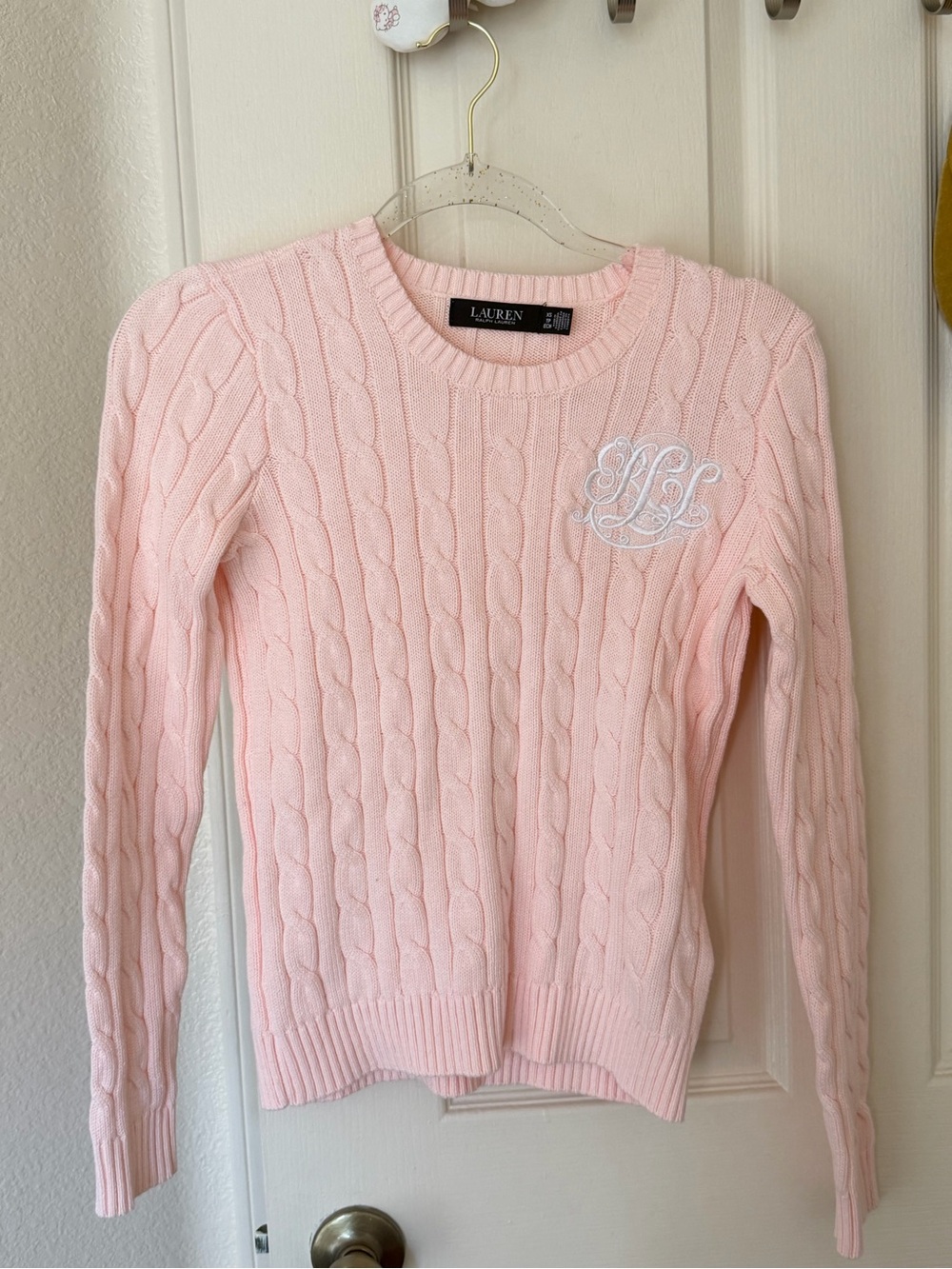 Ralph Lauren Pale Pink Cable-Knit Crewneck Sweater with White Monogram